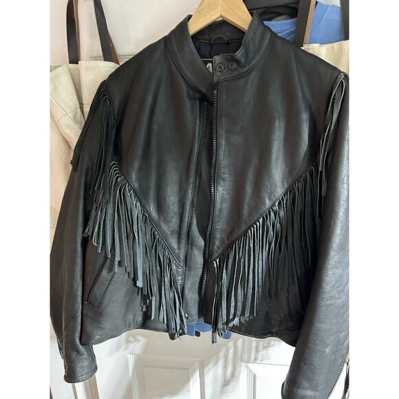 ASQA Women's Leather Jacket Lined Fringe Black Harley Davidson Patch 46 XL - Picture 1 of 8